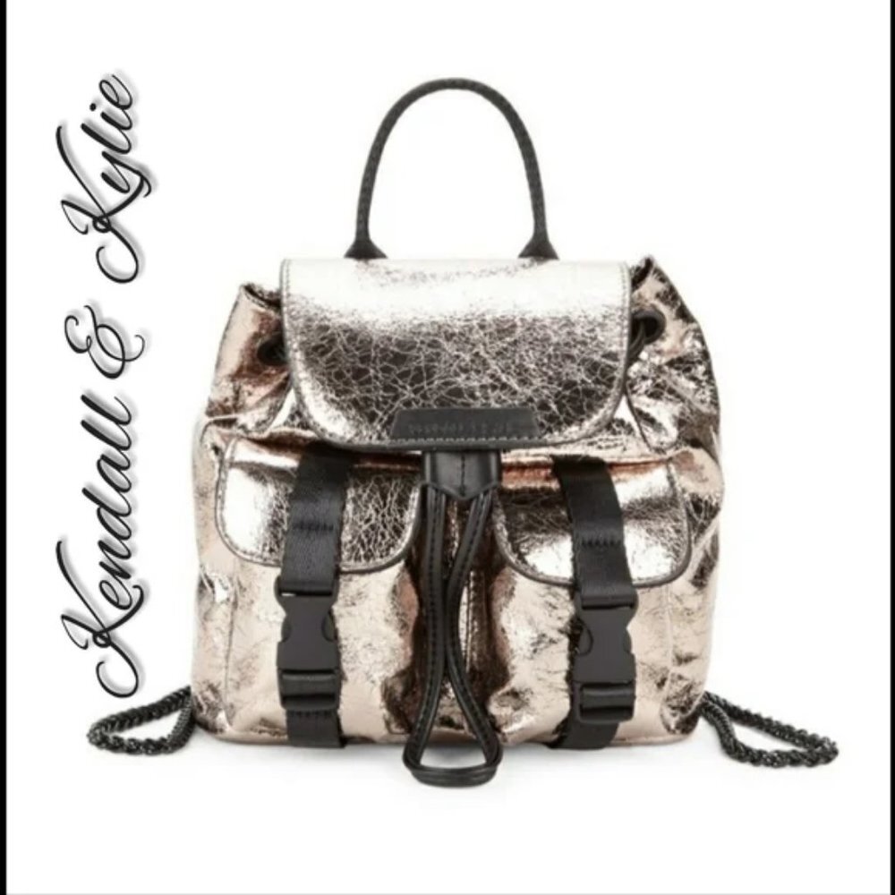 KENDALL+ KYLIE Mini Poppy Foiled Silver Metallic Backpack Bag NWT